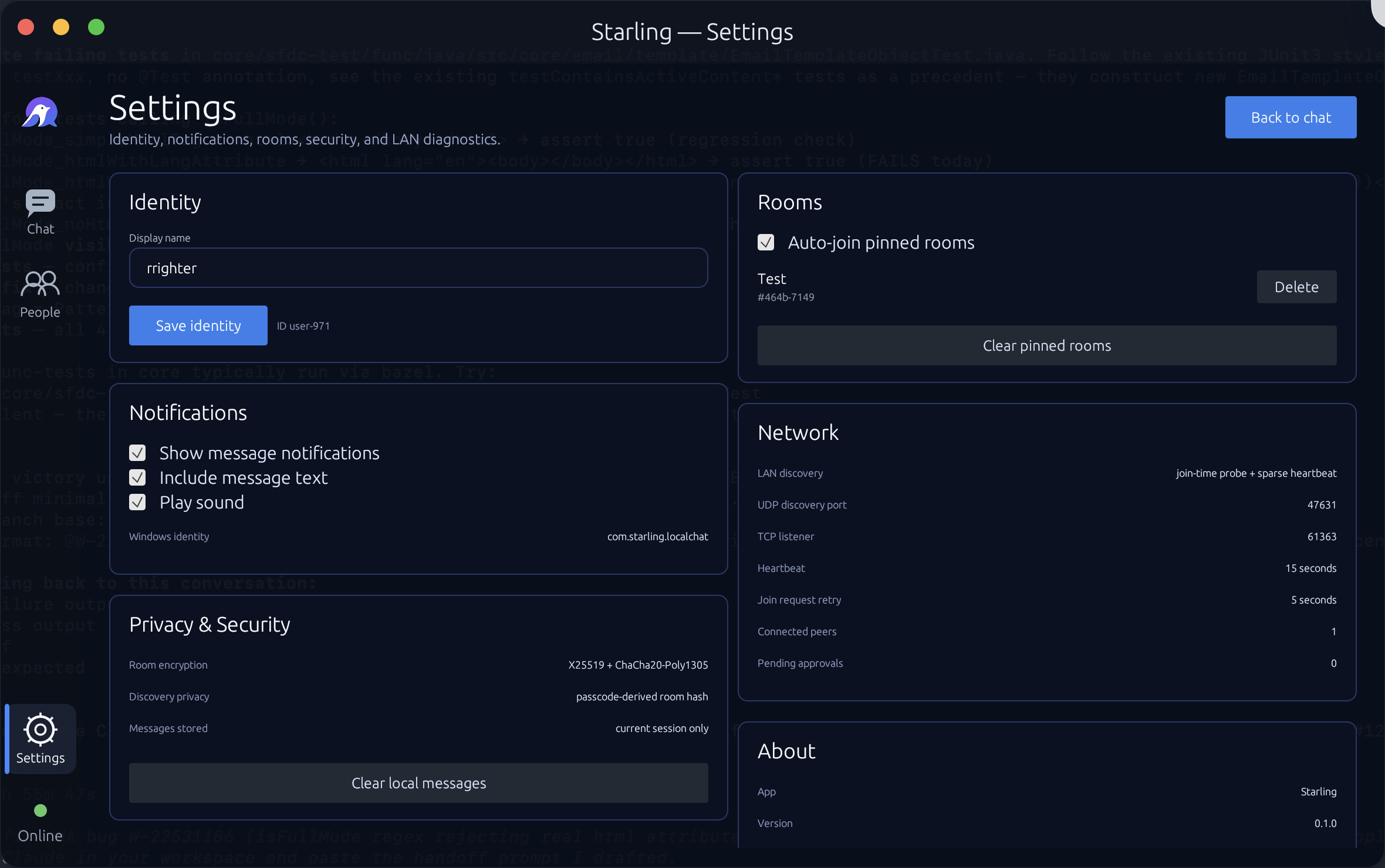 Starling settings showing identity, notifications, rooms, network and privacy options
